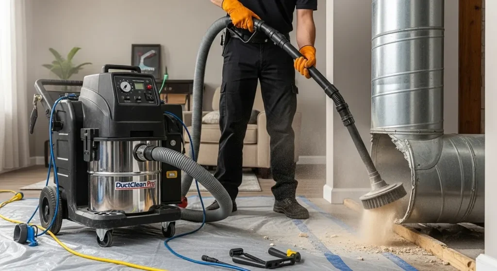 NADCA-certified technician performing air duct cleaning process in Boise, ID home, removing dust and debris from HVAC vents with HEPA vacuum.