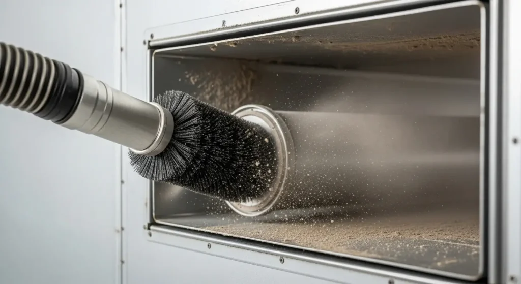 air duct during the cleaning process in a Boise home. The before side displays a dusty, debris-filled duct, while the after side shows a clean, polished duct.