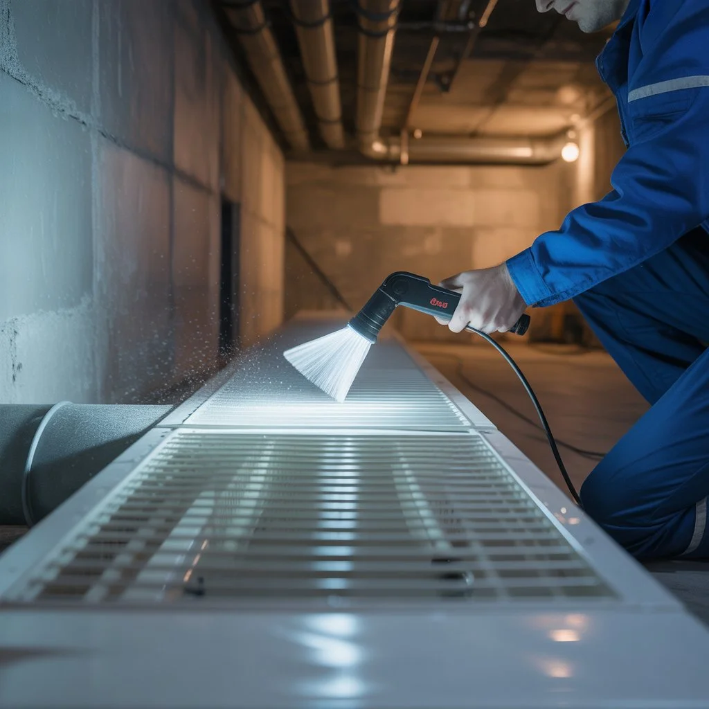 technician performing air duct cleaning services Boise in a Meridian home, removing dust from HVAC ducts for better air quality.