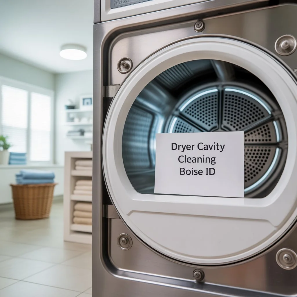 Professional dryer cavity cleaning service in Boise ID – technician removing lint buildup to improve dryer safety and efficiency.