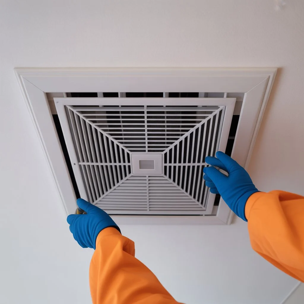 Illustration showing duct cleaning in Boise with a cleaning hose inserted into an air duct and a coin symbolizing savings, promoting local air duct cleaning services.