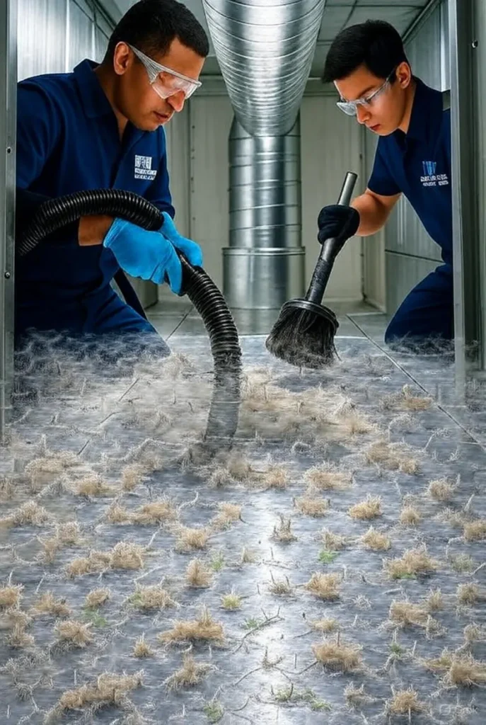 West Boise air duct cleaning team using rotary brush, map of West Boise in background.